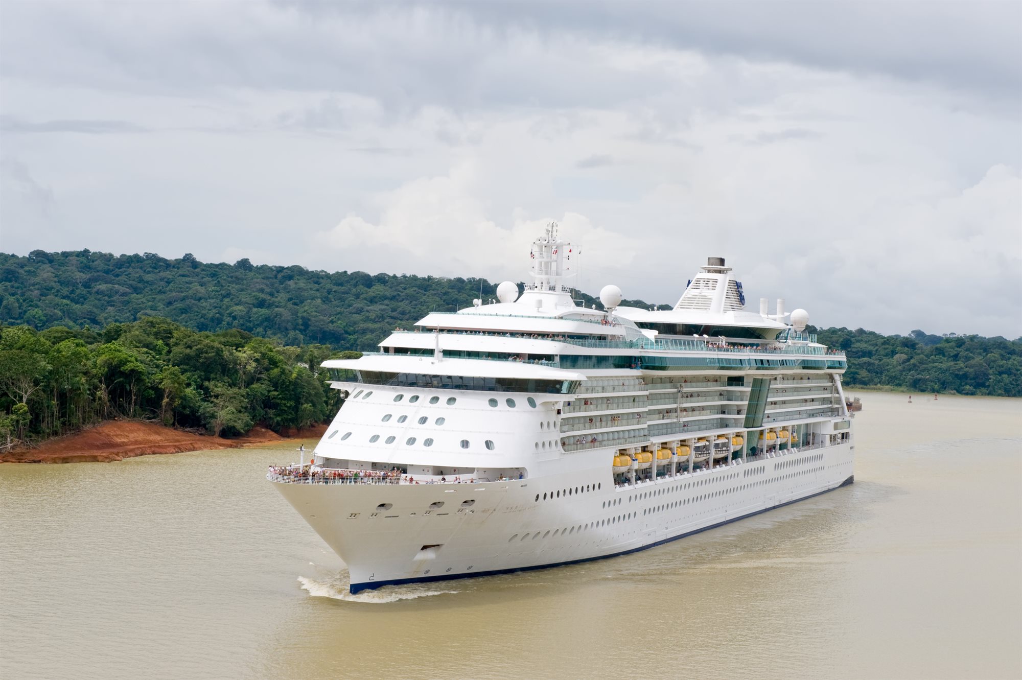 Cruise ship transiting the towering locks of the Panama Canal